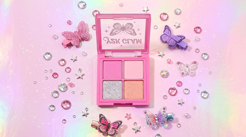 Cybrena Mini Shadow Quad - Professional flat lay compact 4-pan holographic background crystal Y2K