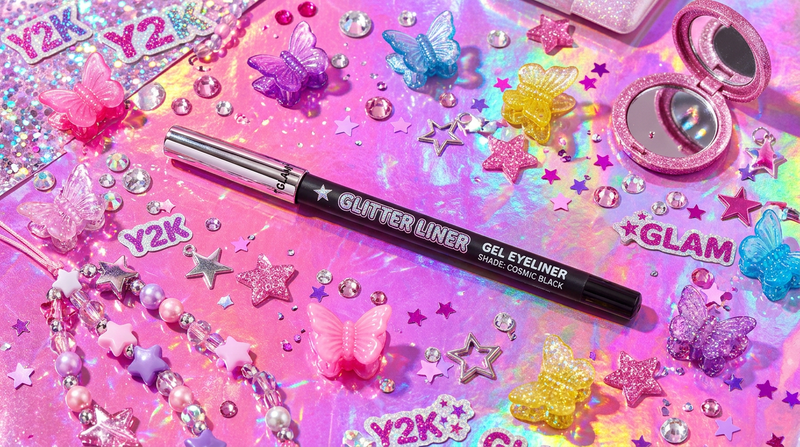 Cybrena Y2K Chromatic Gel Eyeliner - Professional flat lay on holographic pink background with rhinestones