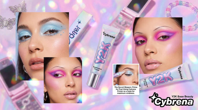 Y2K beauty editorial eyeshadow primer, vivid eye looks, dreamy bokeh, holographic pink atmosphere, Cybrena
