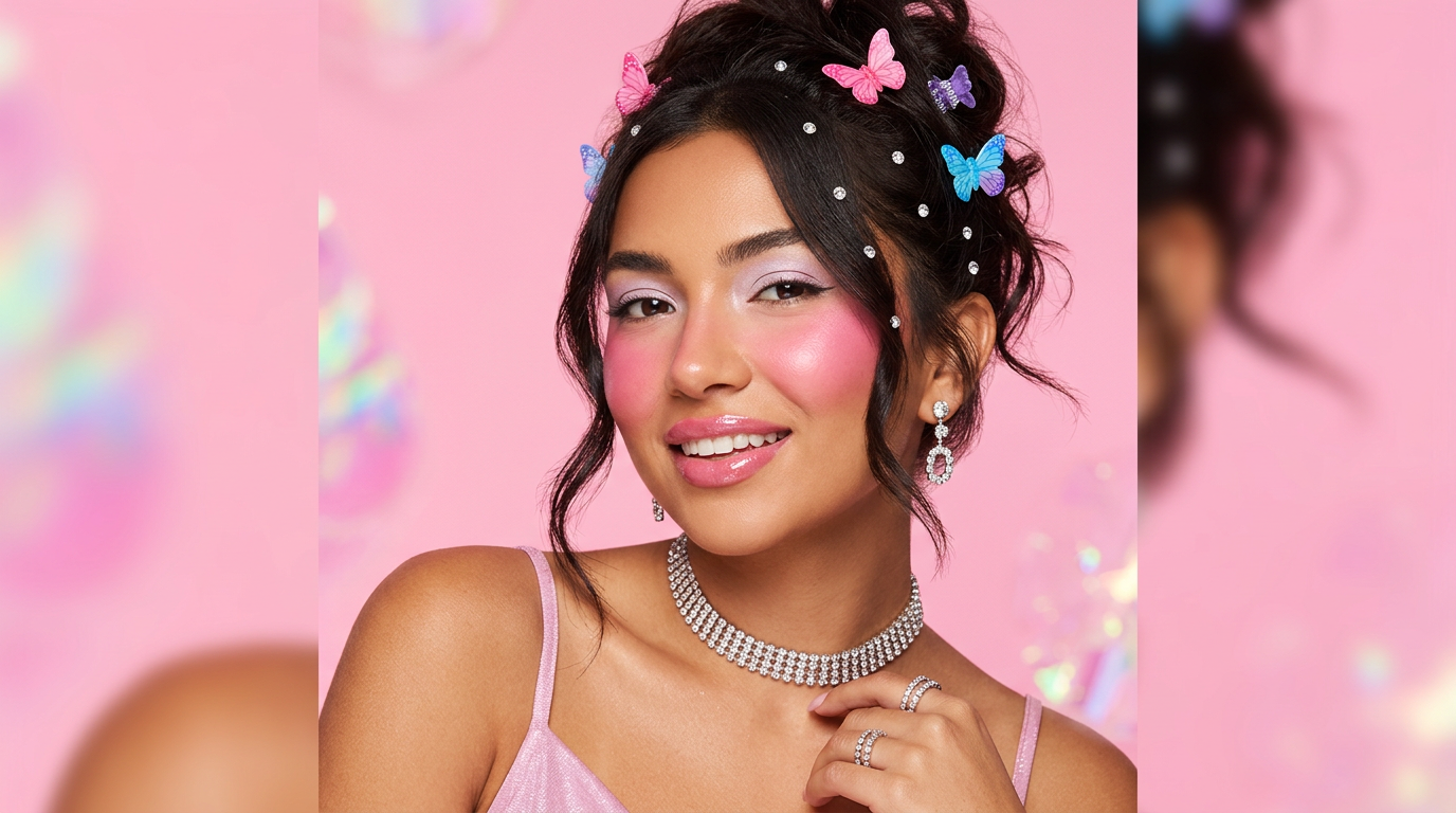 Cybrena Y2K Satin Blush Powder - Model with flushed rosy cheeks and rhinestone jewelry
