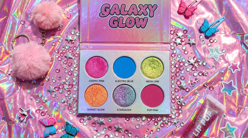 Prism 6-Pan Eyeshadow Palette flat lay on holographic foil with rhinestone crystals - Y2K beauty