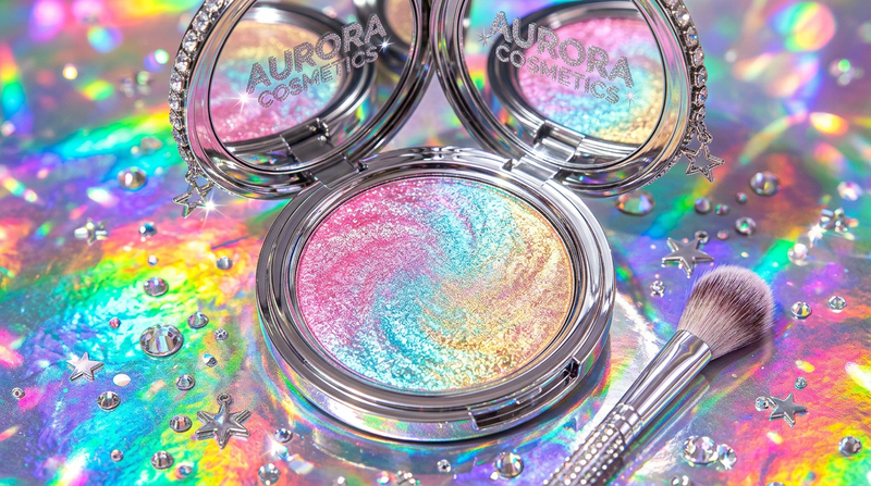 Color-shift multichrome highlighter compact on holographic rainbow foil background with prismatic powder