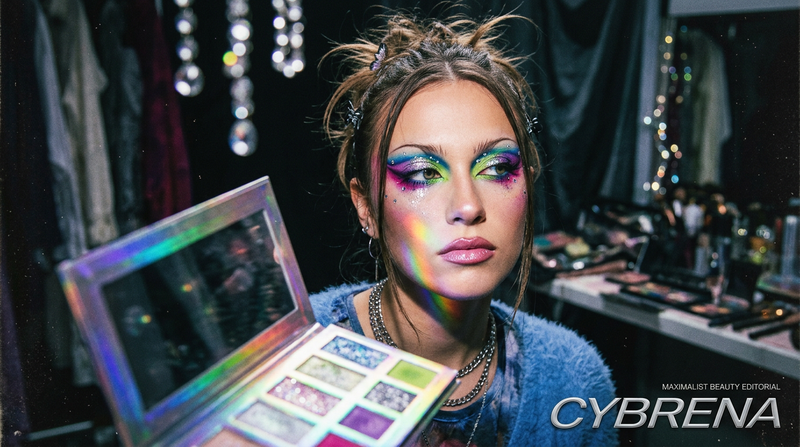 Y2K editorial mood shot with prismatic holographic palette reflection and rhinestone sparkle bokeh