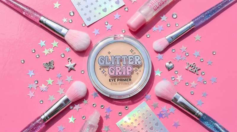 Eye primer flat lay - rhinestones star confetti Y2K