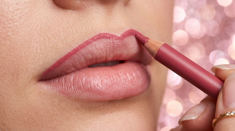 Close-up macro of precise lip liner application on perfect lip contour, sharp matte line with pink bokeh sparkle background