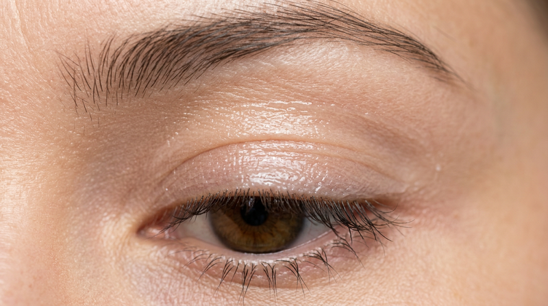 Close-up eye primer base applied on eyelid, smooth tacky texture, transparent creamy formula, Cybrena