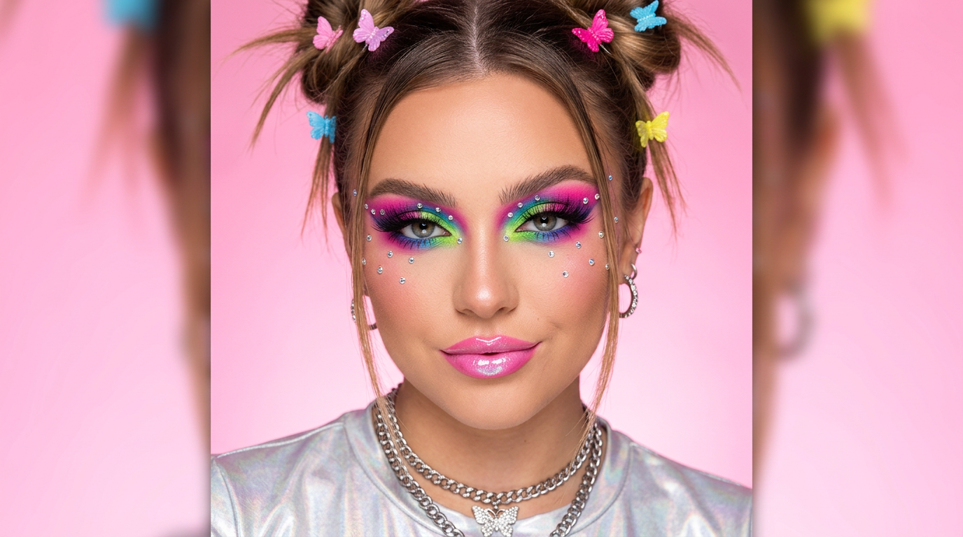 Cybrena Y2K Eye Primer Base - Model with intensely pigmented vivid eye look and rhinestone accessories