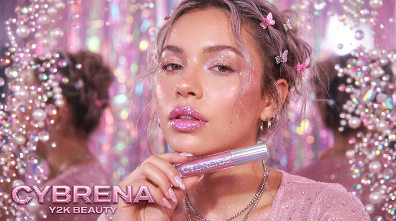 Cybrena Y2K editorial mood shot with dreamy pink chrome holographic atmosphere and Glass Glow lip beauty aesthetic