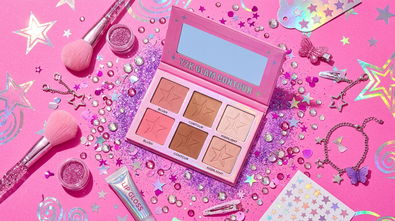 Cybrena Y2K Sculpt and Define Trio - Y2K flatlay with rhinestones star stickers holographic confetti