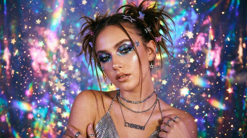 Y2K editorial beauty mood with prismatic holographic light effects - Cybrena brand aesthetic