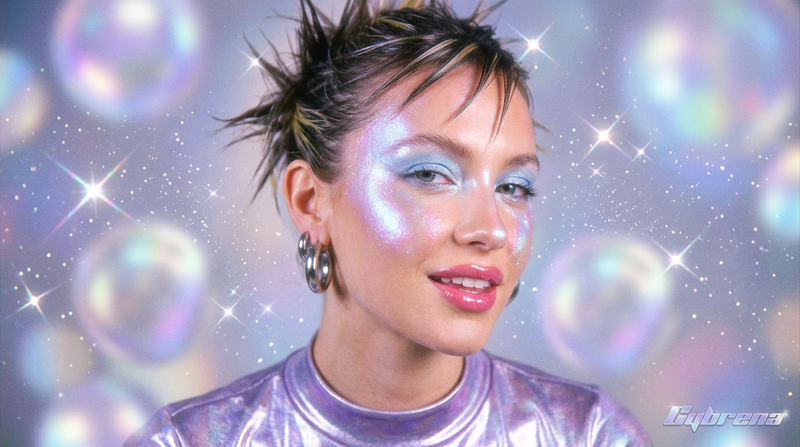 Y2K glow editorial, holographic highlight light effects, cosmic pearl shimmer bokeh, Cybrena brand radiance