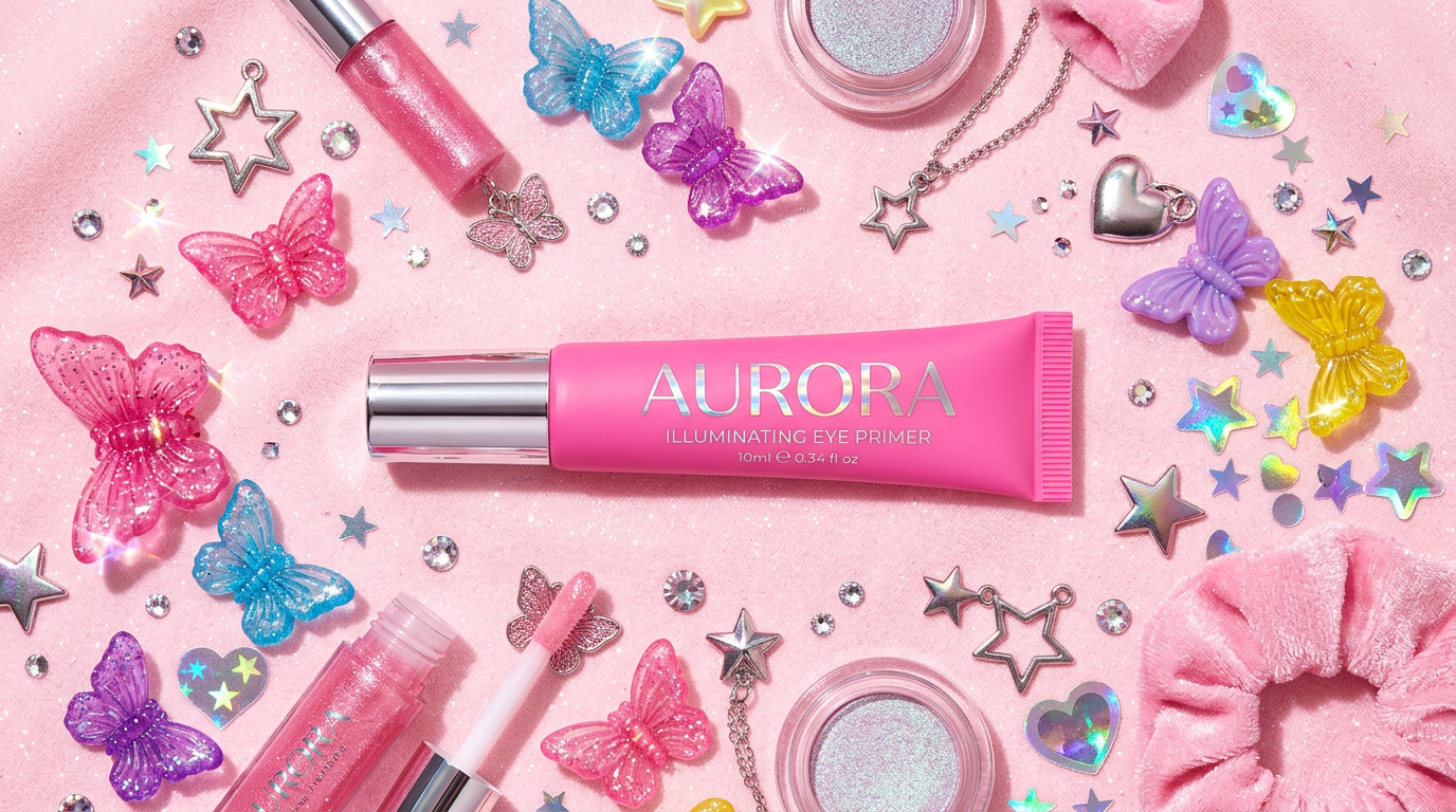 Cybrena Y2K Eye Primer Base - Professional flat lay on soft pink background with rhinestone decorations