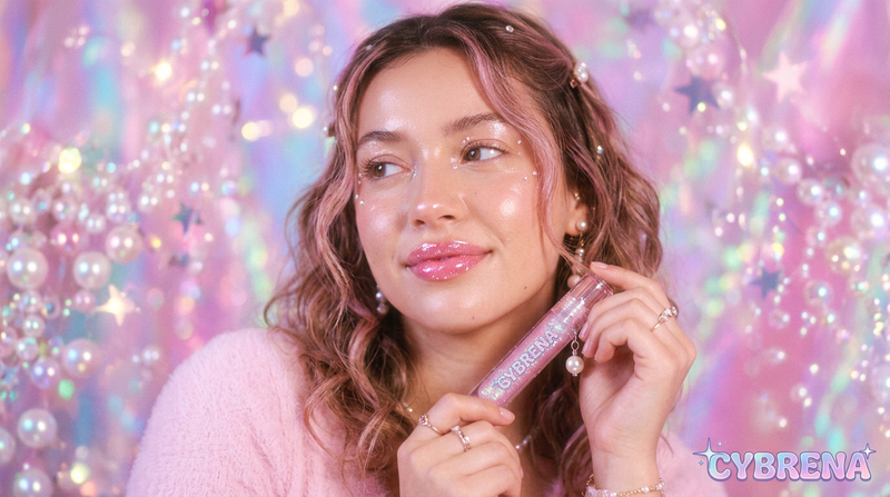 Y2K dreamy lip care mood with soft holographic pink glow and pearl iridescent bokeh - ethereal Cybrena brand beauty editorial