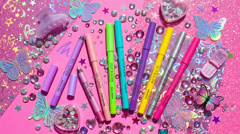 Cybrena Y2K Chromatic Gel Eyeliner - Y2K flatlay with rhinestones holographic butterflies star stickers