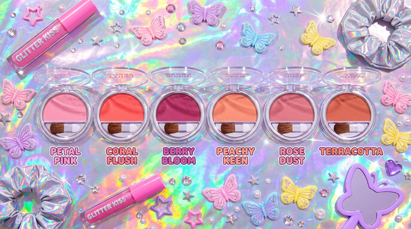Cybrena Y2K Satin Blush Powder - 6 shades on iridescent holographic surface