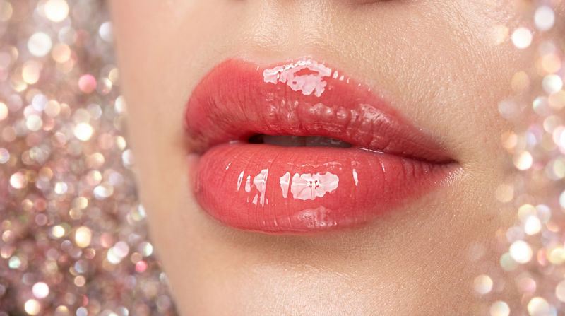 Close-up macro of Glass Glow ultra high-shine glossy lip finish with mirror-like vinyl reflection