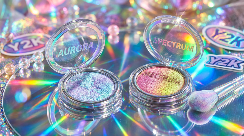Two multichrome highlighter shades aurora and spectrum on holographic mirror surface