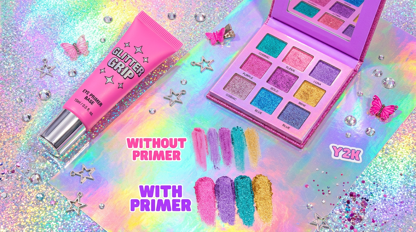 Cybrena Y2K Eye Primer Base - Product with eyeshadow palette showing before and after vibrant swatches
