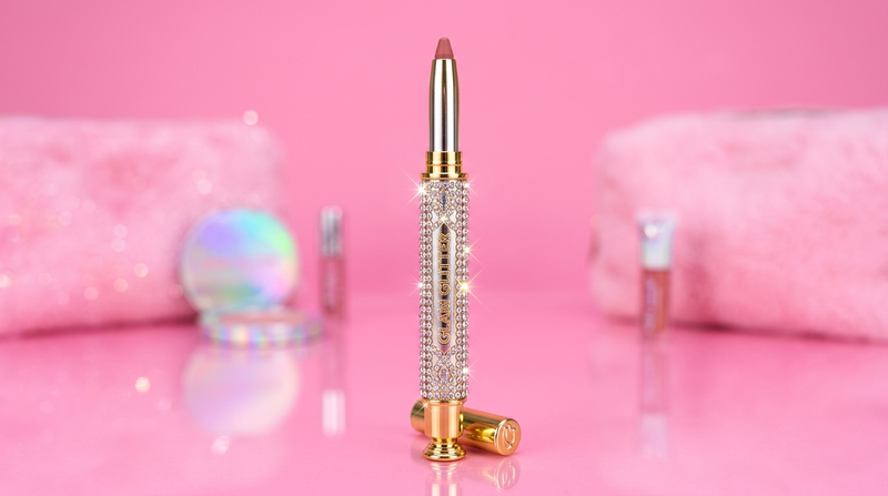 Retractable lip liner pencil standing upright on bubblegum pink background - Y2K beauty