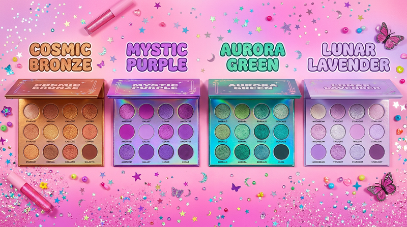 Four Prism palette colorways displayed open side by side with holographic glitter confetti