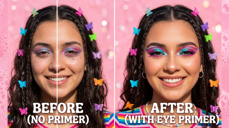 Model Y2K colorful eye makeup with eye primer base, vibrant eyeshadow, butterfly clips, Cybrena