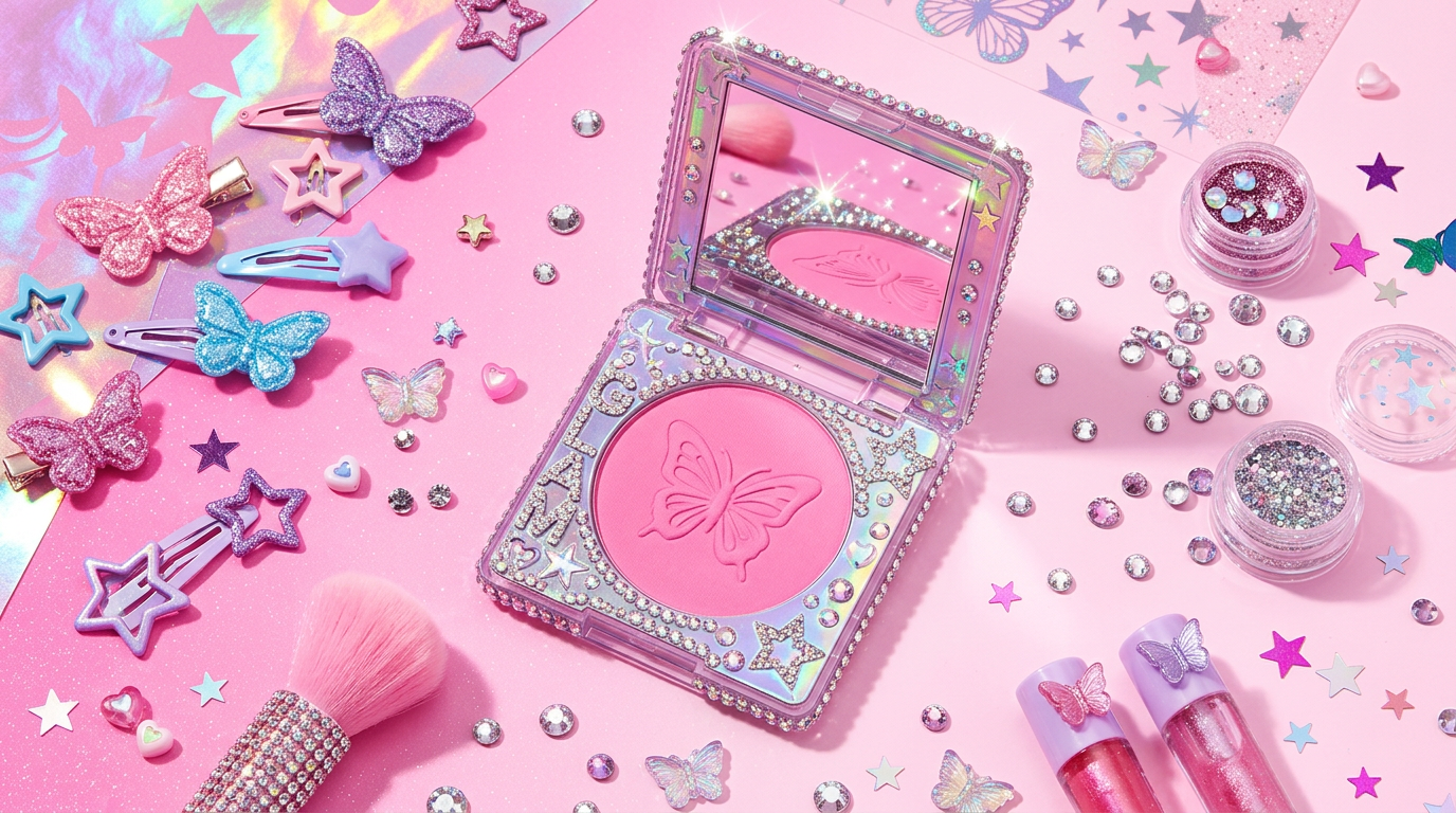 Cybrena Y2K Satin Blush Powder - Professional flat lay with rhinestone decorations