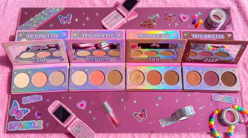 Sculpt and Define Trio shade ranges fair medium tan deep on pink mirror with holographic foil accents - Cybrena Y2K