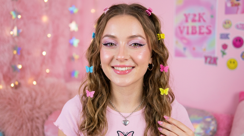 Model wearing Y2K everyday eye makeup Mini Shadow Quad palette bubblegum pink portrait