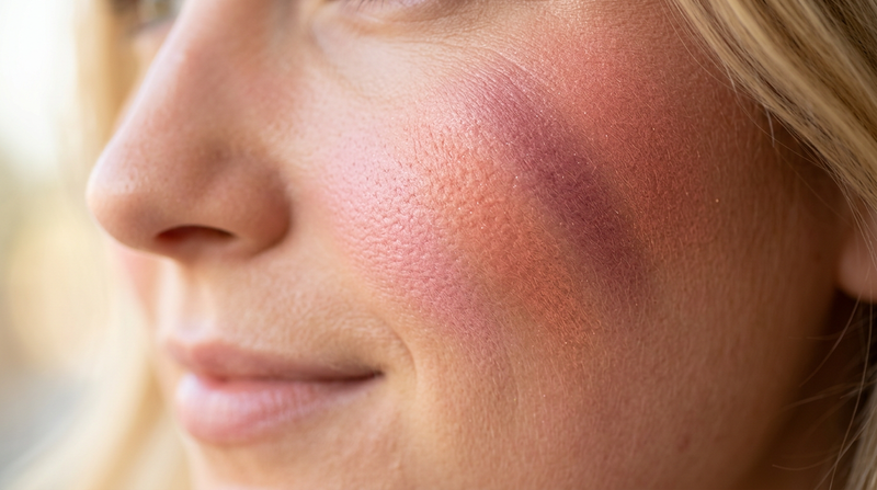 Close-up macro satin blush powder swatch on cheek showing petal pink coral flush berry bloom peachy keen finishes with soft sparkle texture detail