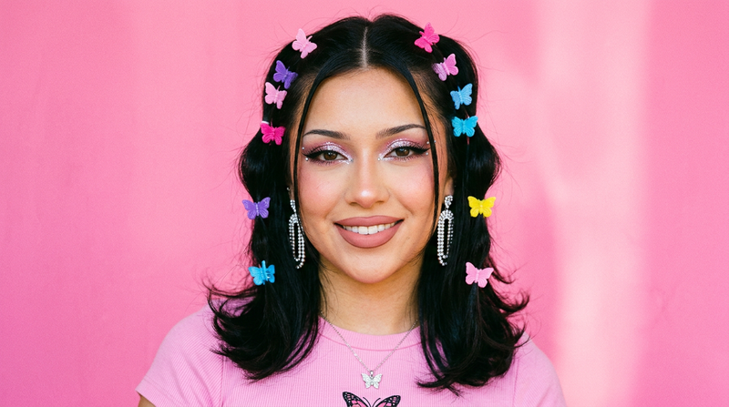 Y2K beauty portrait velvety matte nude-pink lips rhinestone accessories