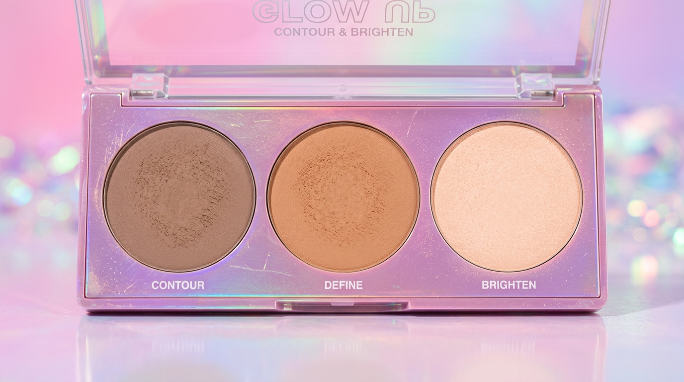 Cybrena Y2K Sculpt and Define Trio - Close-up of 3-pan palette contour defining brightening shades