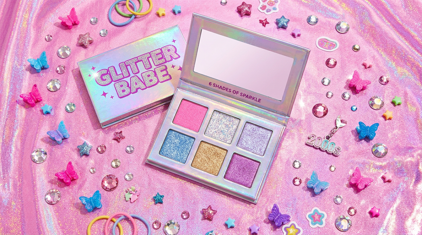 Cybrena Prism 6-Pan Eyeshadow Palette - Professional flat lay metallic case holographic pink Y2K