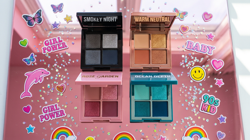 Four Mini Shadow Quad palettes grid flat lay on pink mirror Y2K holographic confetti