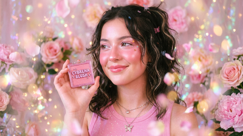 Y2K rosy flush editorial dreamy flushed pink cheek aesthetic, soft holographic pink glow, petal and flower sparkle bokeh, Cybrena brand blush mood