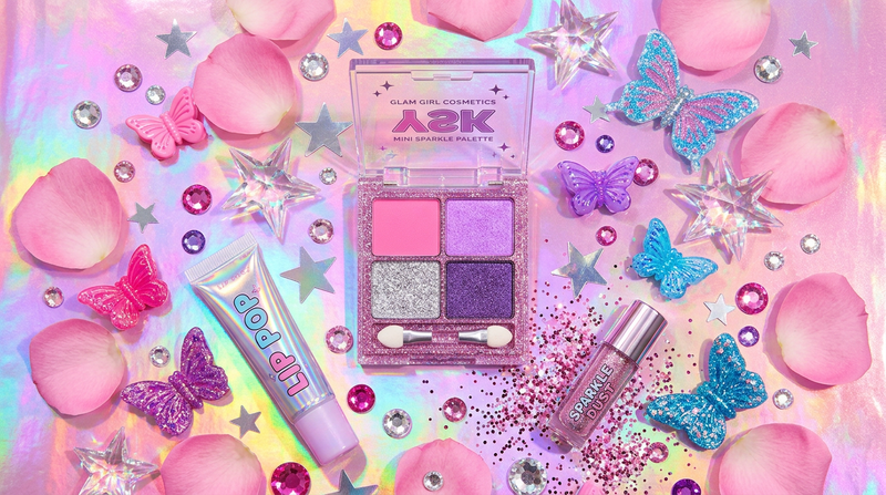 Cybrena Mini Shadow Quad - Y2K atmosphere rhinestones star stickers pink rose petals holographic