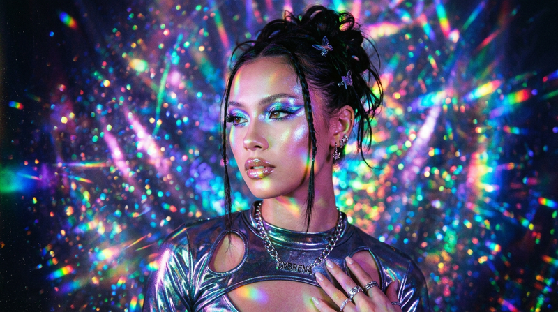 Y2K prismatic holographic glow editorial mood shot Cybrena brand luxury shimmer