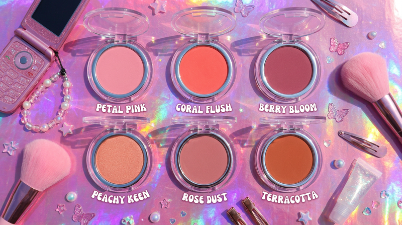 Six Satin Blush shades petal pink coral flush berry bloom peachy keen rose dust terracotta pressed powder pans on pink holographic surface, Y2K flat lay