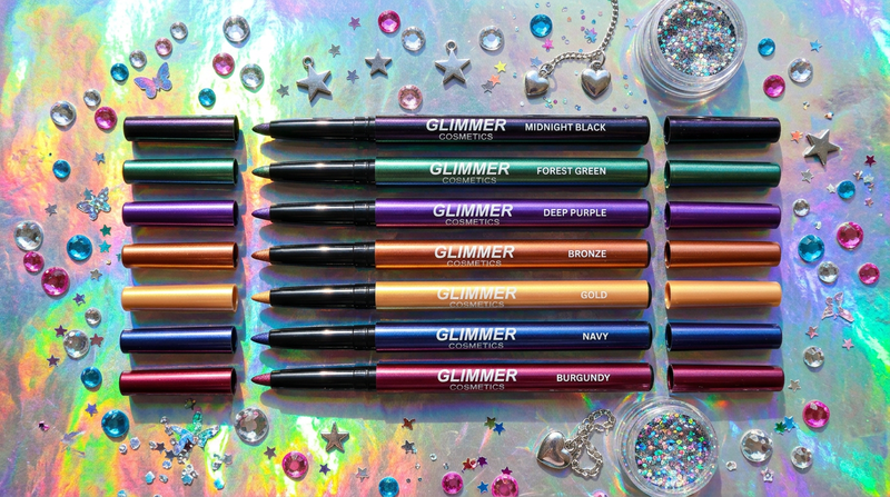 Chromatic Gel Eyeliner flat lay on holographic rainbow foil background with multichrome color options, rhinestones and star charms, Y2K beauty photography