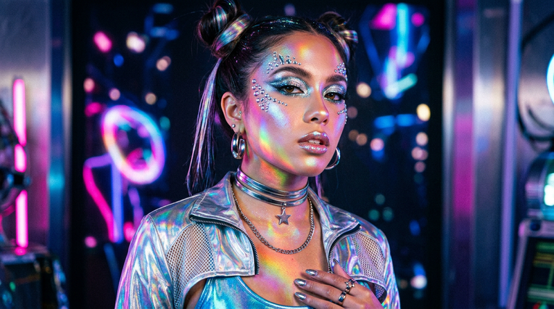 Y2K Beauty Editorial - Holographic Color-Shifting Highlight