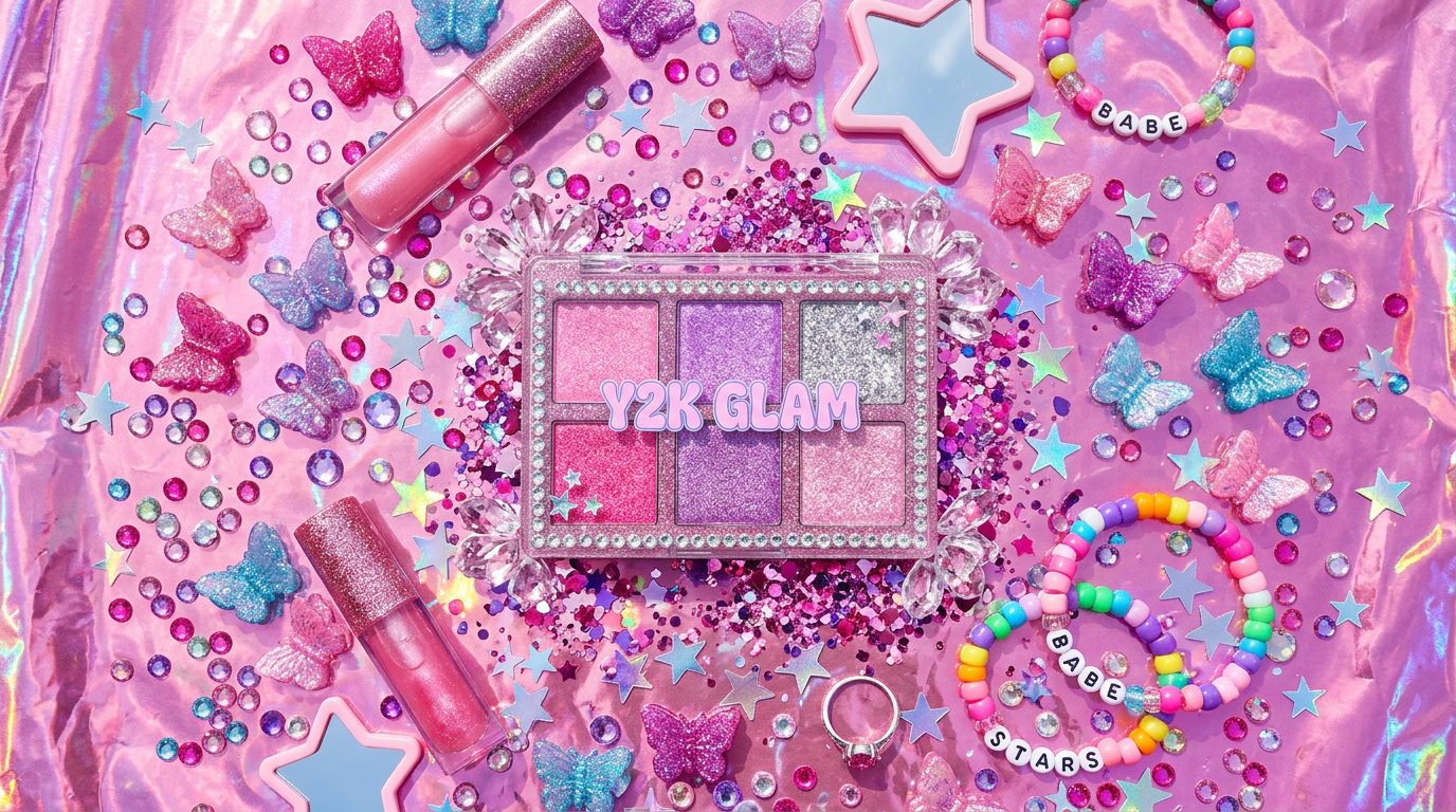 Cybrena Prism 6-Pan Eyeshadow Palette - Y2K atmosphere rhinestones butterfly clips holographic stars pink foil