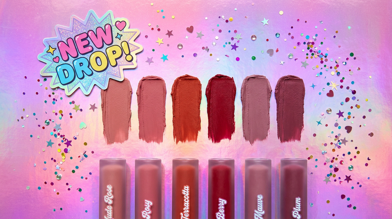Six velvet lip clay shade swatches pink holographic background Y2K NEW DROP