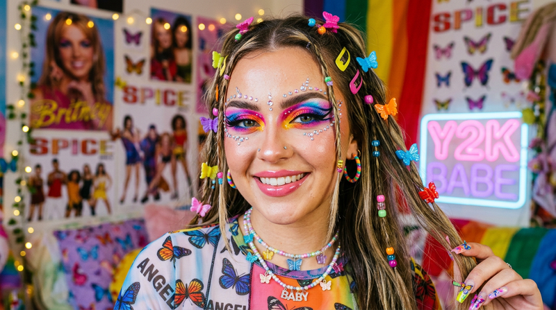 Y2K beauty portrait with bold colorful eyeshadow look rhinestone gems and butterfly accessories
