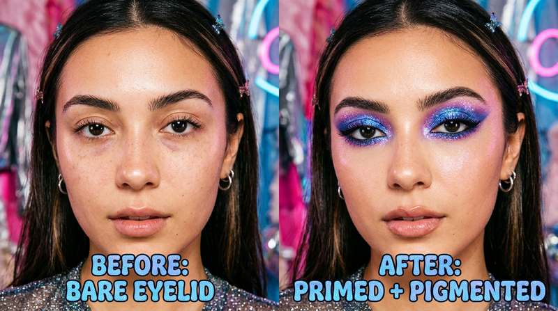 Eye primer on eyelid - Y2K editorial before-after