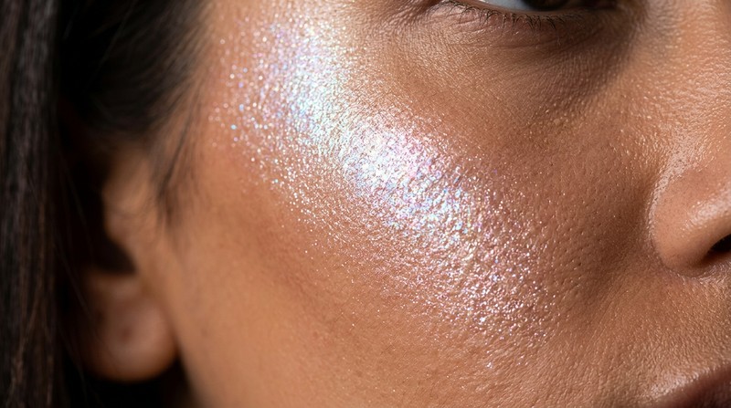 Close-up macro of Space Glow Highlighter swatch on cheekbone, pearlescent multi-layered glow