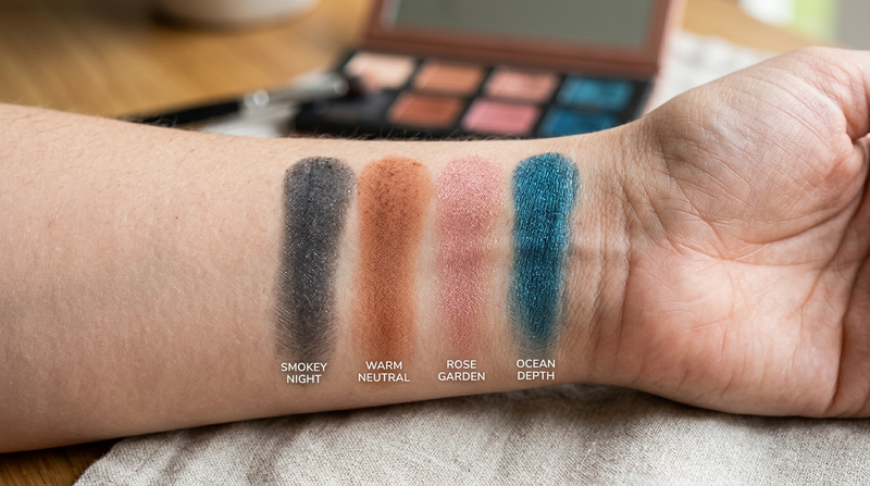 Close-up eyeshadow swatches smokey night warm neutral rose garden ocean depth shades