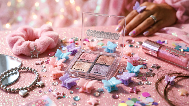 Cybrena Y2K editorial mood shot Mini Shadow Quad palette with butterfly clips star charms rhinestones