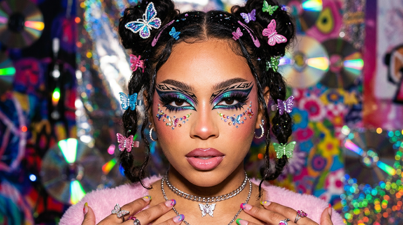 Model with dramatic Y2K eye makeup featuring chromatic color-shifting gel eyeliner and rhinestone gems