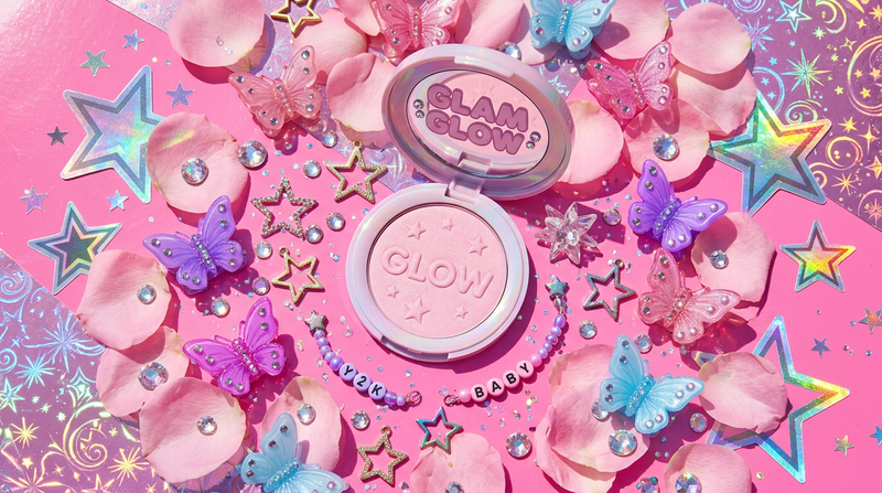 Cybrena Y2K Satin Blush Powder - Y2K flatlay with rose petals and butterfly clips